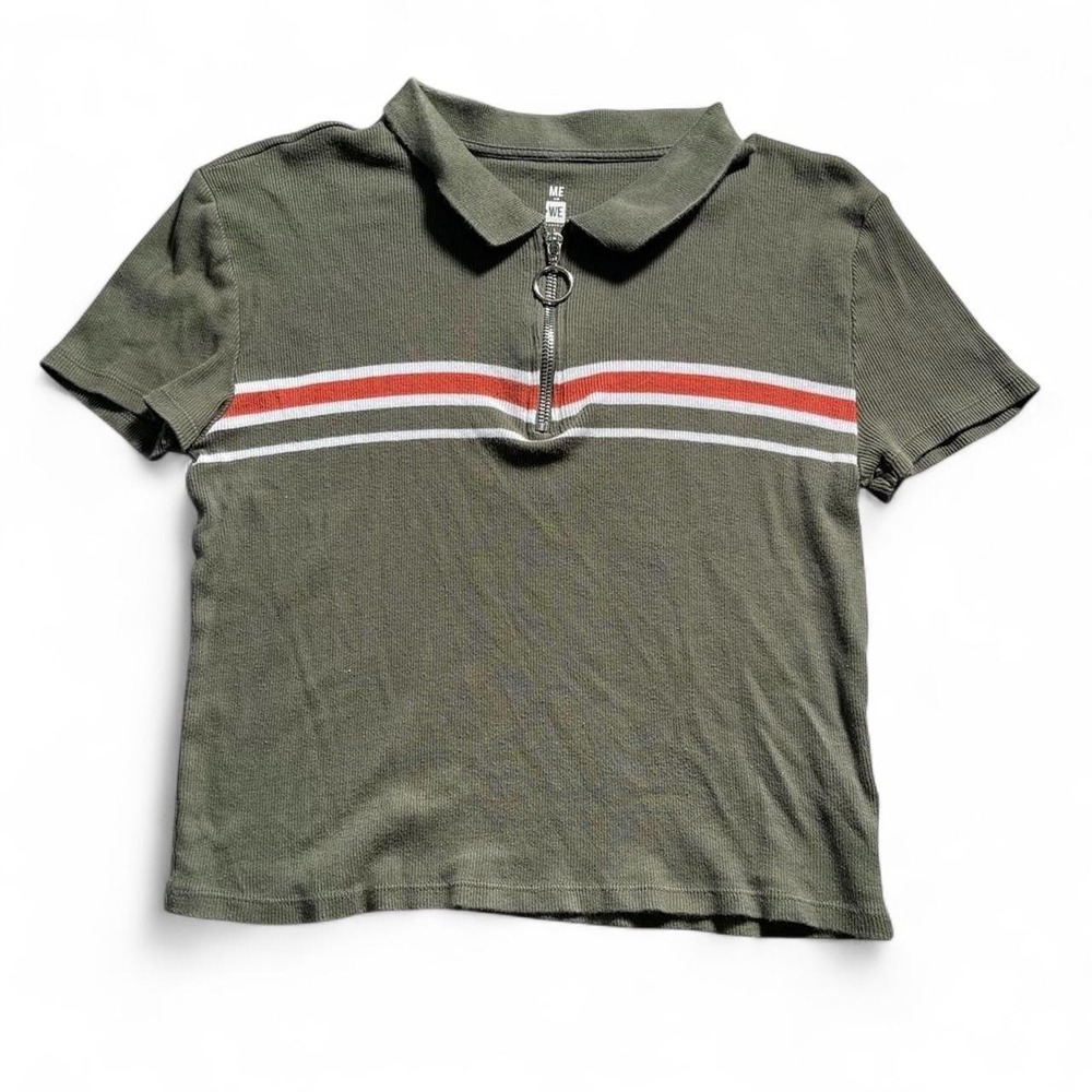 Me to We Olive Green Striped Quarter Zip O-Ring Ribbed Polo Crop Top Large